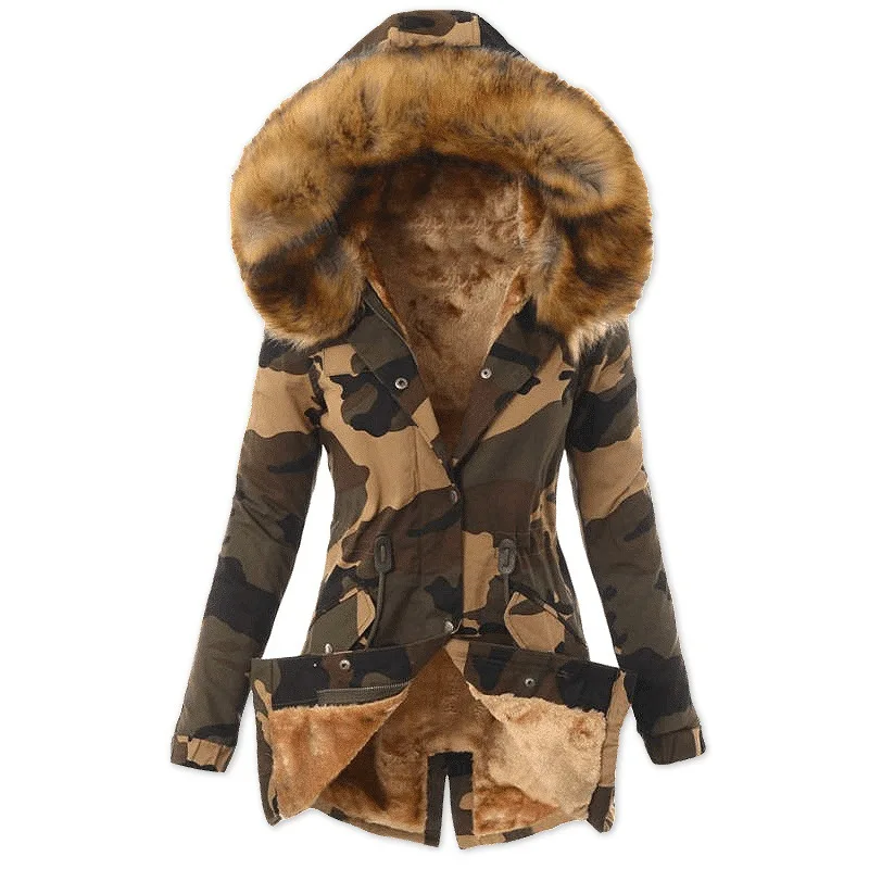Autumn Winter New Women Cotton Clothes Fur Collar Drawstring Camouflage Jacket Warm Female Cotton-padded Clothes