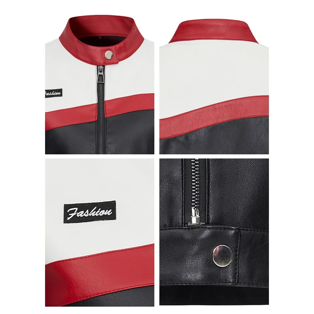 Women Contrasting Color Splicing Locomotive Suit Bomber Jacket Short Jacket PU Leather Long Sleeve