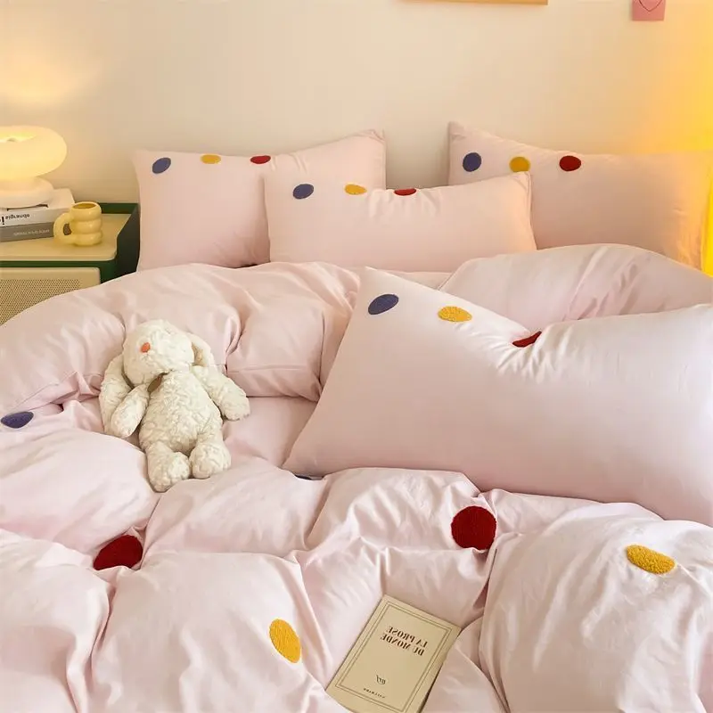 Korean INS Cream Style Bedding Set Solid Color Soft Bed Flat Sheet Pillowcase Adult Single Twin Full Queen Size Dots Duvet Cover