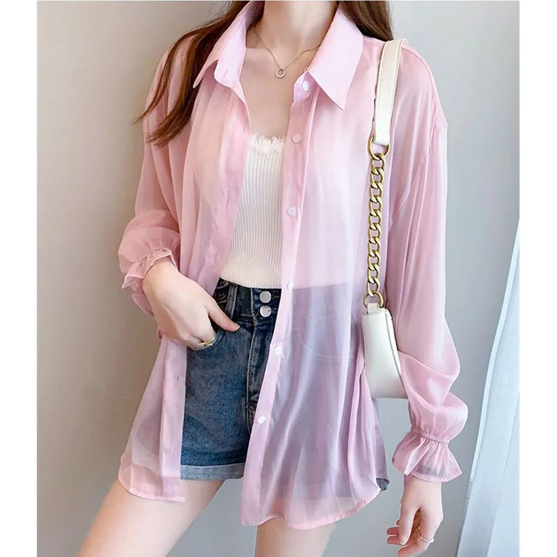 Chiffon Women Thin Shirts Summer Perspective Solid Korean Sun Shirt Long Sleeve Fashion Korean Ladies Top New Sunscreen Clothing