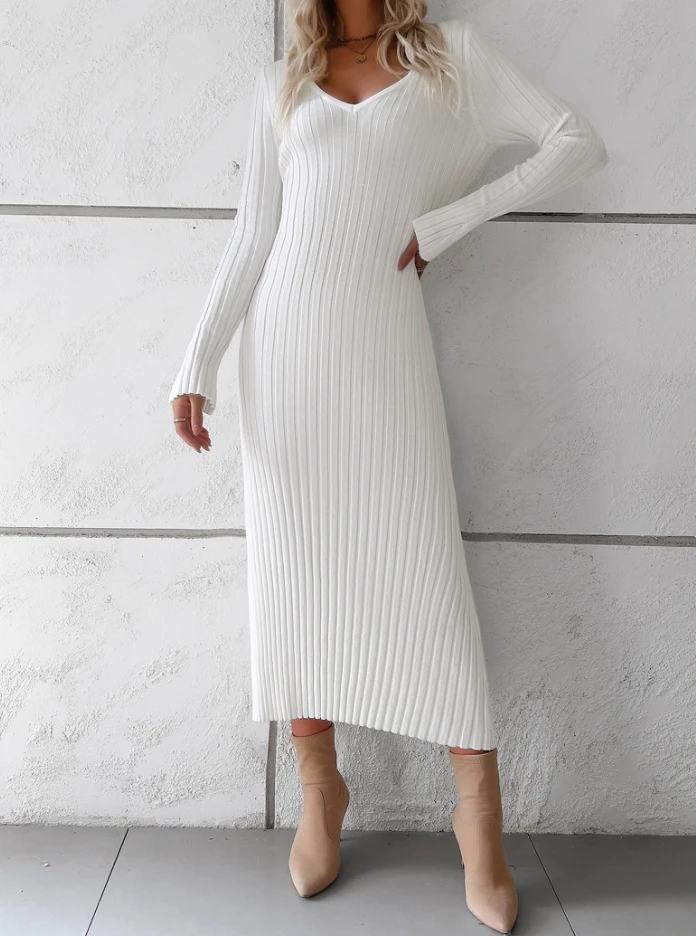 

Women's Solid Color Dress 2024 Autumn Winter Latest Elegant Temperament V-Neck Long Sleeved Woolen Maxi Dress Tight Long Skirt