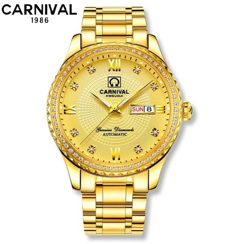 Carnival Automatic Watches For Men Mechanical Wristwatch Zircon Diamond Week Date Display Luminous Hands Male Business Wristband