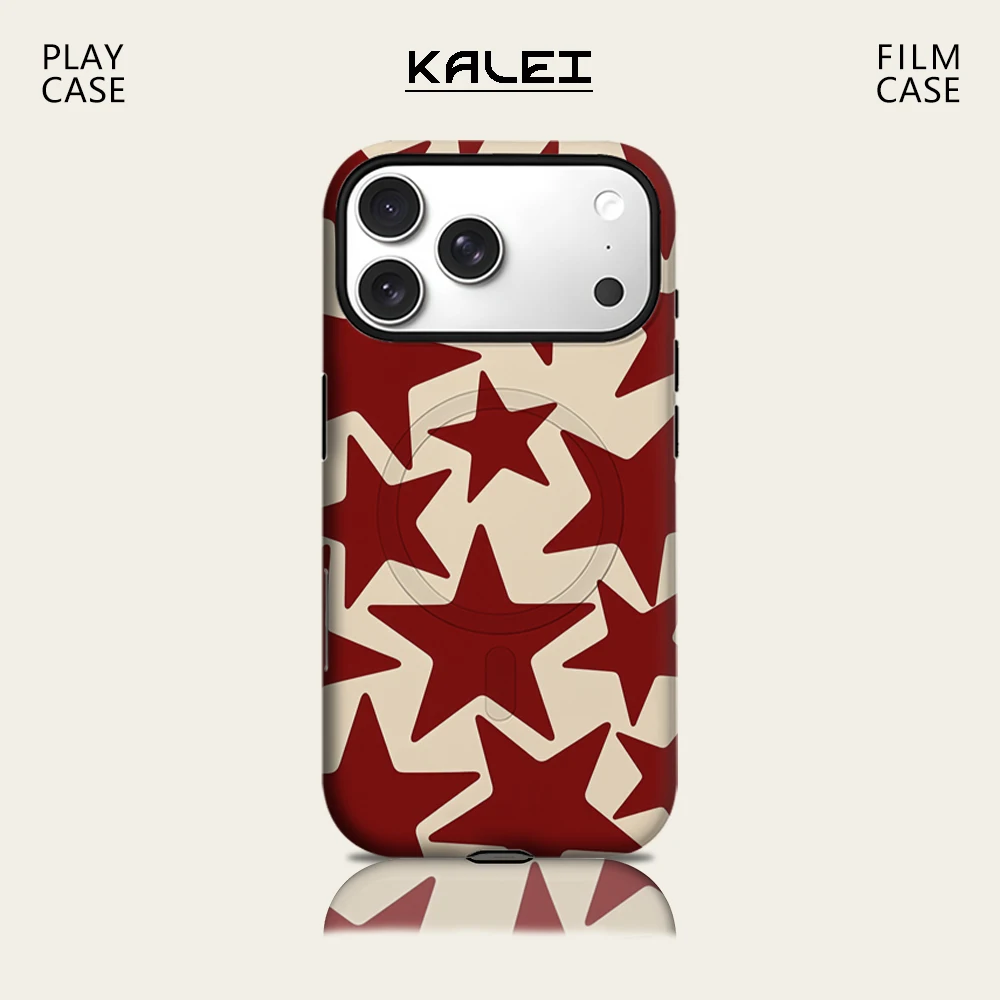 

Burgundy Star Print Phone Case for IPhone 17 16 15 14 13 Pro Max Plus for Magnetic Single Double-layer Tough Case
