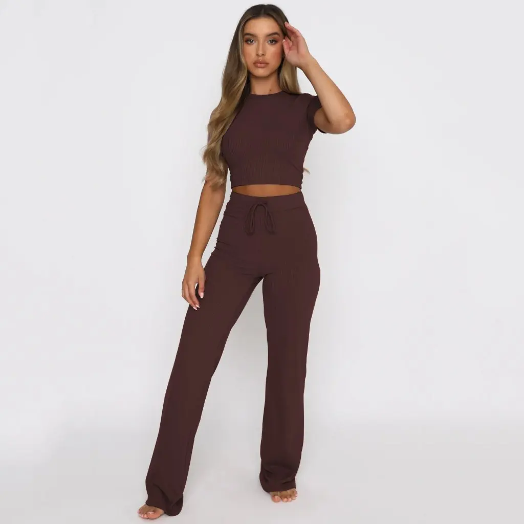 

Women's Fashion Casual Two-Piece Set Pure Color High Elastic Body Shaping Short-Sleeved Top with Wide-Leg Pants