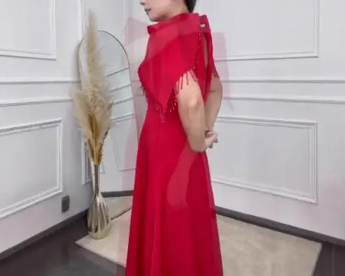 

Womens Dresses 2025 Spring Summer New Light Luxury Temperament Elegant Tassel Decor Mock Neck Short Sleeve Slim Fit Long Skirt