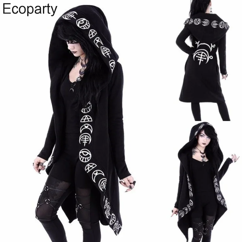 Women Black Gothic Wizard Cosplay Hoodie Sweatshirt Medieval Steampunk Sheep Head Moon Printed Zipper Hoodie Outwear For Women