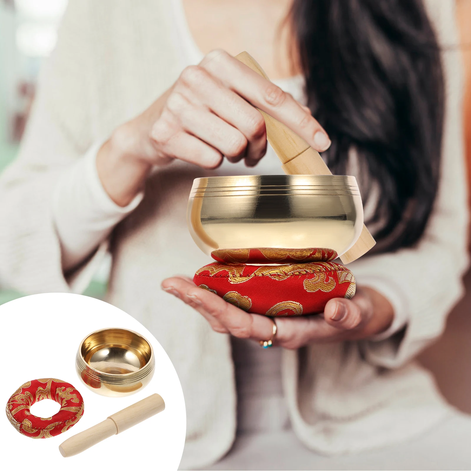 

Singing Bowl Ritual Set Musical Yoga Handmade Worship Decorative Wooden with Rod