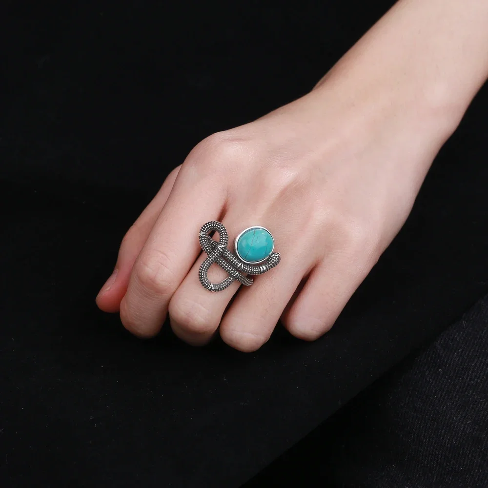 S925 Sterling Silver Snake Shaped Natural Labradorite Ring Silver 10*12MM Turquoise Moonstone Retro Gift for Women Fine Jewelry