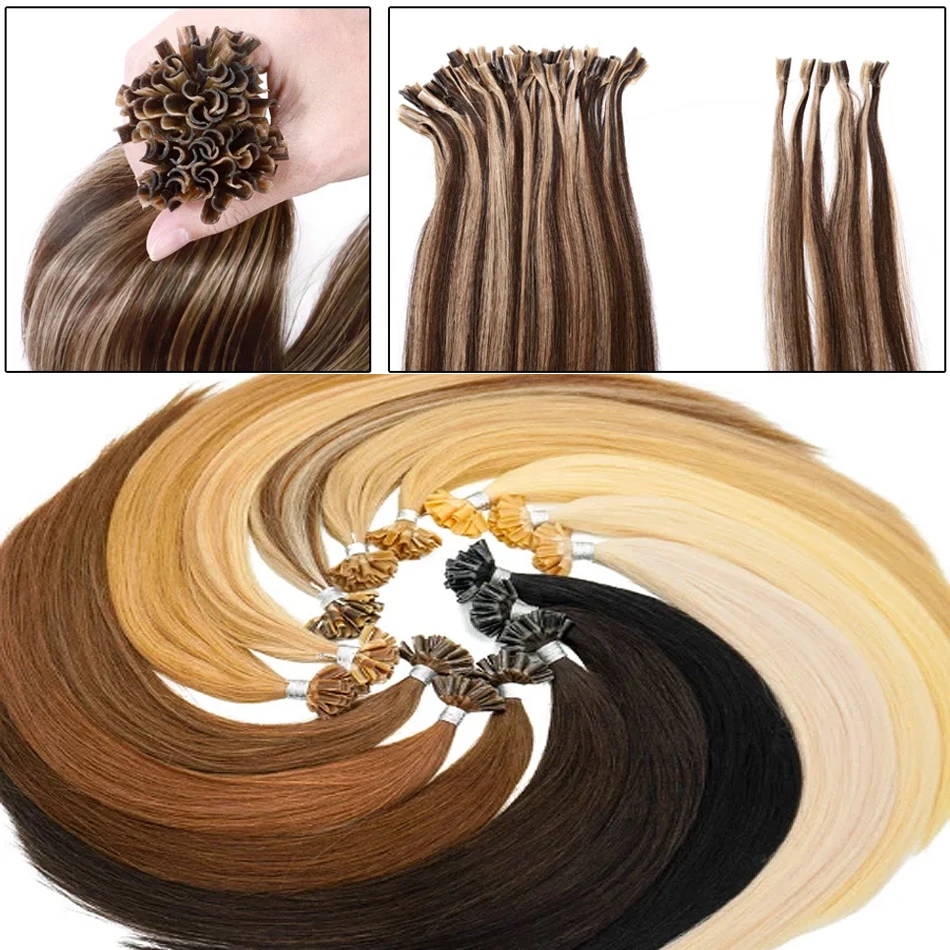 Brian KerU-Extensions de cheveux à pointe en U pré-collées, pointes d\'ongles, cheveux humains, BAISI, cheveux raides en U, Pro, 18 en 30 pouces