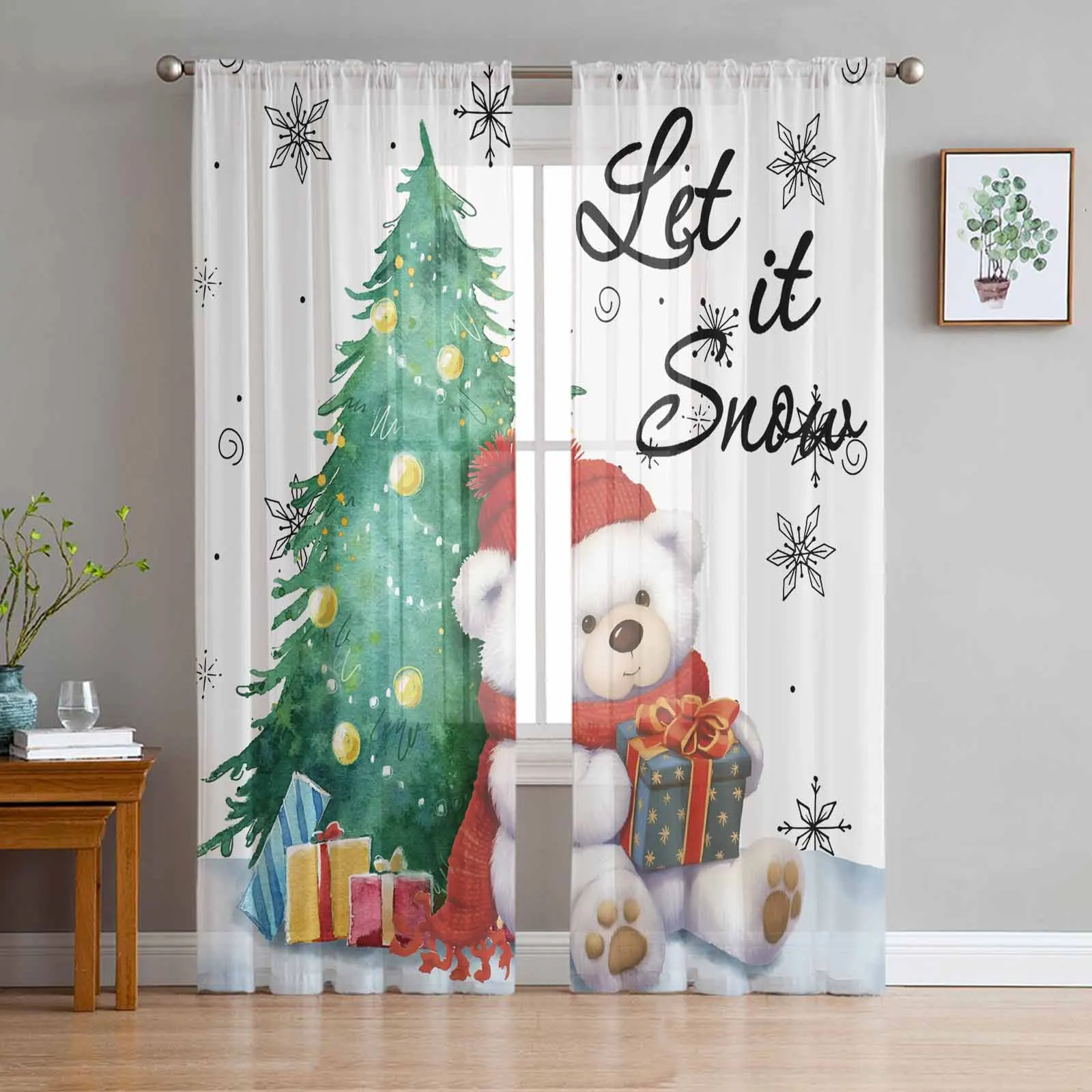 Christmas Snowflakes Retro Koala Window Treatment Tulle Modern Sheer Curtains for Kitchen Living Room Bedroom Curtains Decor