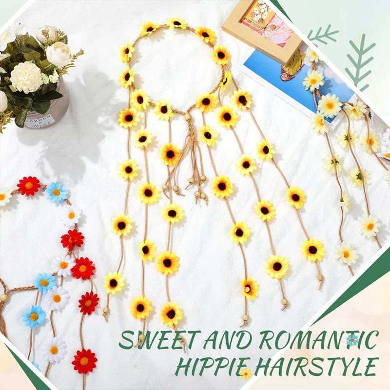 4 Pcs Flower Hippie Headband Floral Crown Headband For Women Costume Headwear Hair Accessories