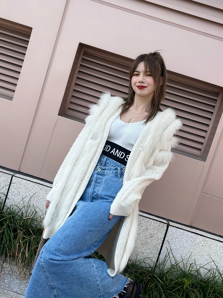 Women Real Fox Fur Knitting OverSize Loose Spring Fox Fur Strip Sewed Together Outside Decoration Lady's Fashion Sweater Coat