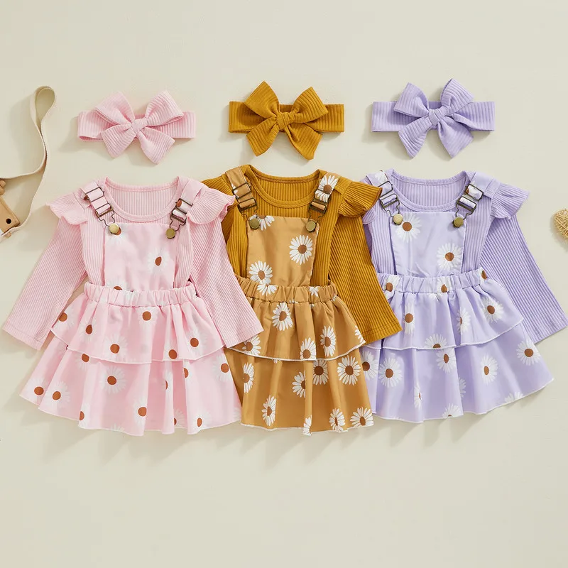 

0 to 18 Months Baby Girl Skirt Sets Spring Autumn Clothes Ribbed Long Sleeve Bodysuit and Floral Suspender Skirt Headband