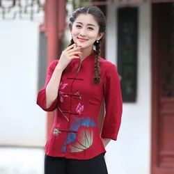 Women Cotton Line Tang Clothes 3/4 Sleeve Cheongsam Tops Female Print Flower Shirt Coat Chinese Style Blouse Hand Button Qipao