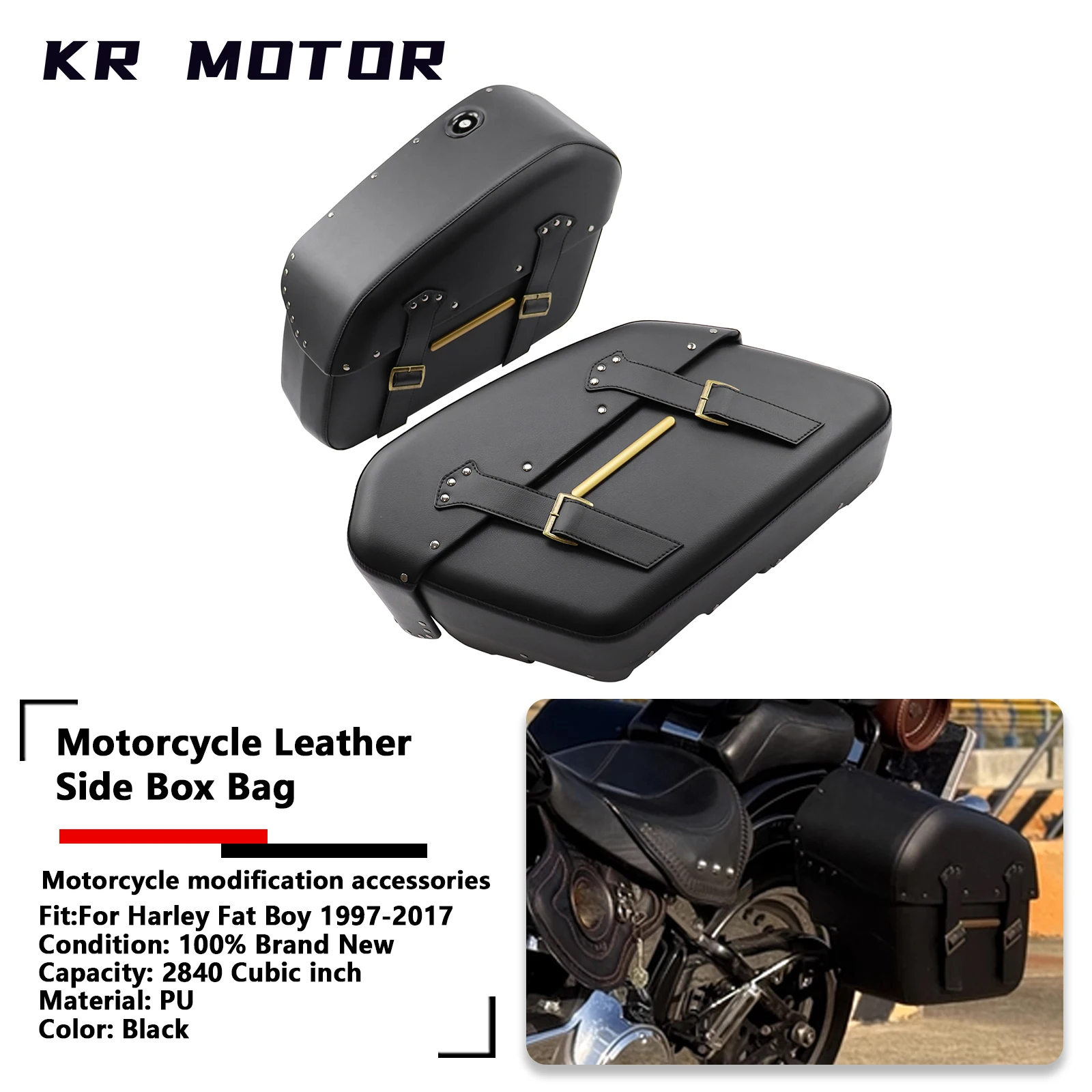 

Подходит для мотоциклов Harley Softail Fat Boy 1997-2017, объем двигателя 2840 куб. дюймов, съемные боковые кофры, вместительные водонепроницаемые боковые сумки.