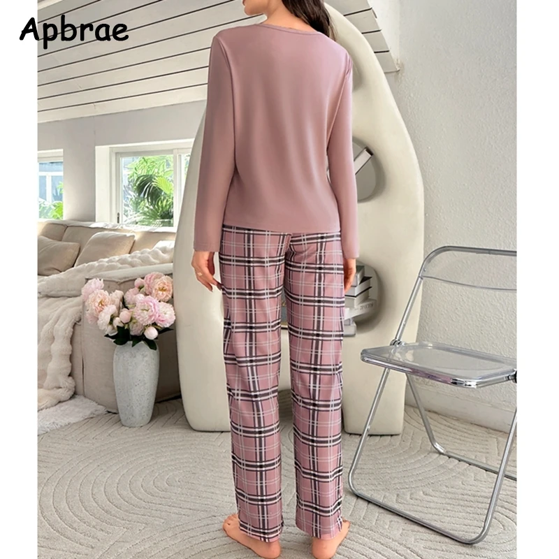 Autumn Winter Pajamas for Women Long Sleeves Plaid Pants Pijamas Woman Milk Silk Round Neck Homewear Girls Nightwear