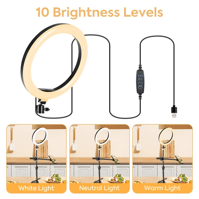 10inch USB Powered Ring Light With Desktop Stand 3000K-6000K Fill Light With Phone Holder Dimmable Video Lights For Food Vlog