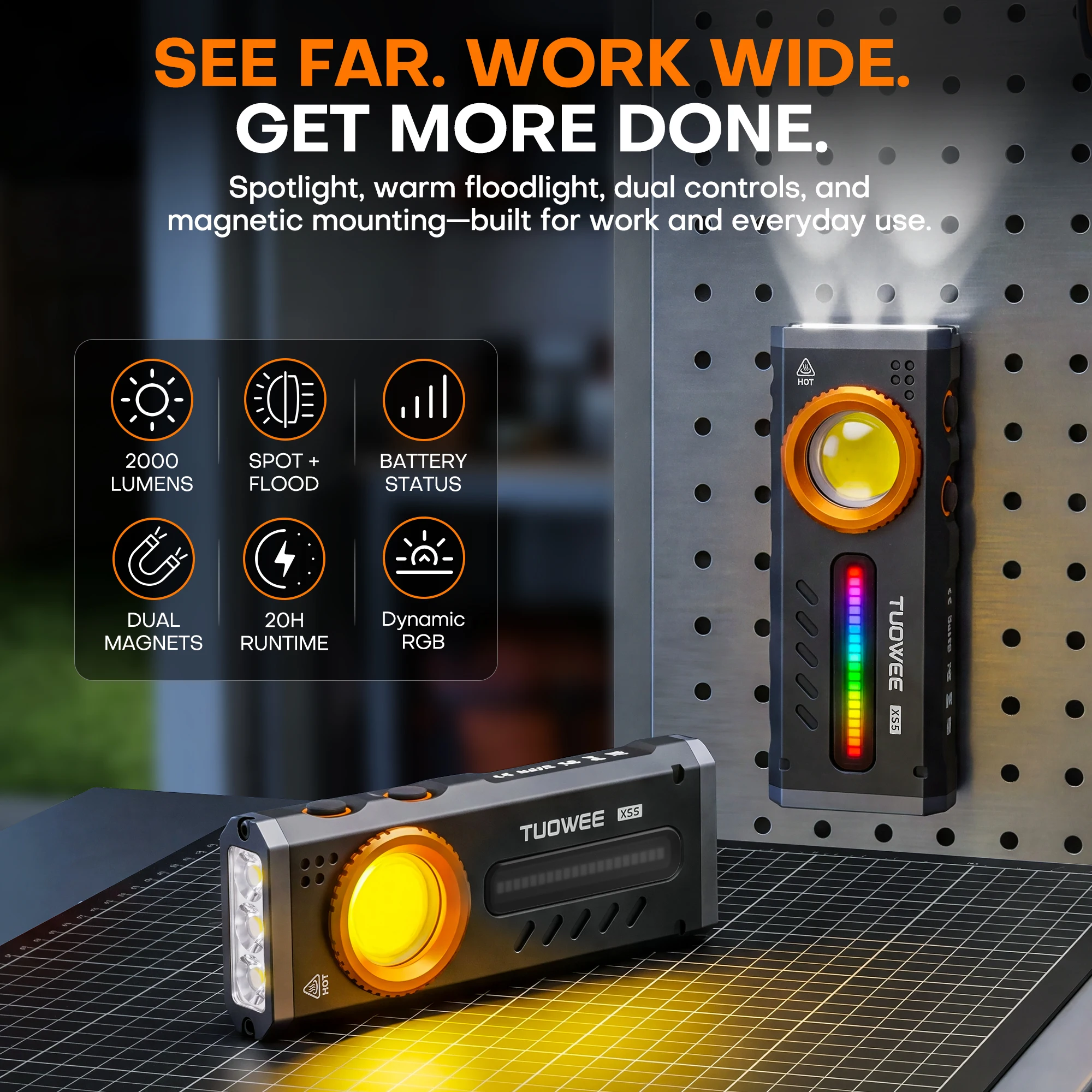 EDC Work Light 2000LM Dual Light Source RGB Lamp Dual Magnets Clip Waterproof Flashlight for Car Repair Camping Emergency