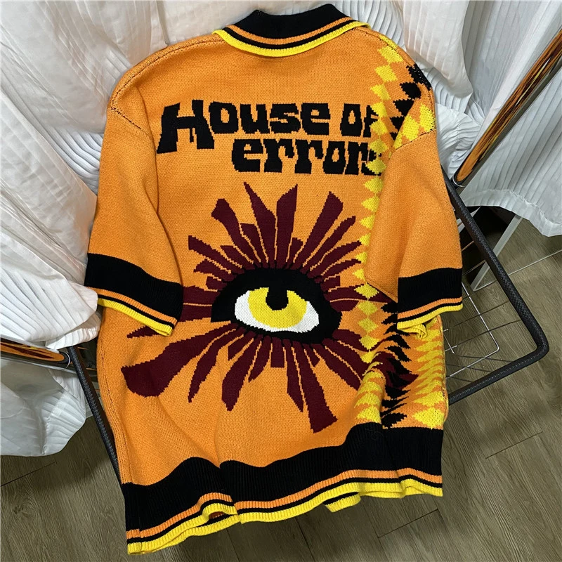 

Europe American Street House of Error Short Sleeve Sweater Knitted Lapel T-shirt Big Eyes Jacquard Logo Orange Real Photos Tee