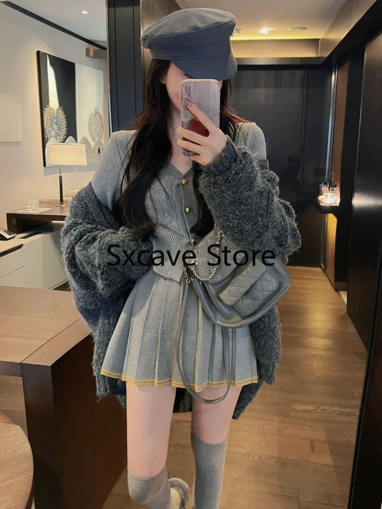 Sweet 2 Piece Set Women Casual Long Sleeve Knitted Suits Korean Style Cardigan + Slim Y2k Mini Skirt Outwear 2024 Autumn