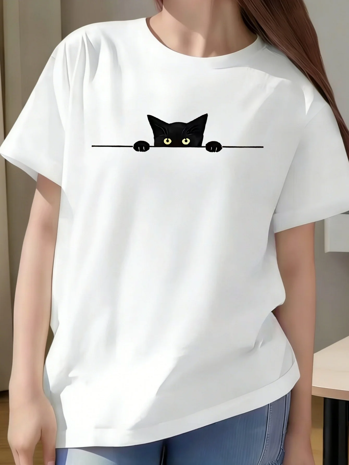Family Matching T Shirt Cute Sneaky Black Cat Peek Graphic Print Short Sleeve Cotton Tee For Boys Girls Kids Daily Casual Wear
