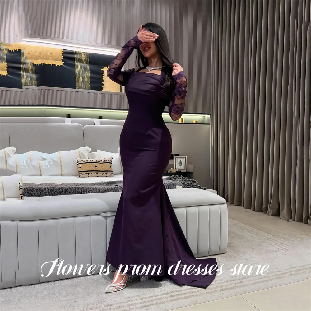 فساتين حفلة موسيقية أرجوانية مثيرة على شكل زهور بدون أكتاف فساتين حفلات حورية البحر من الساتان السعودي بطول الأرض للحفلات المسائية حسب الطلب