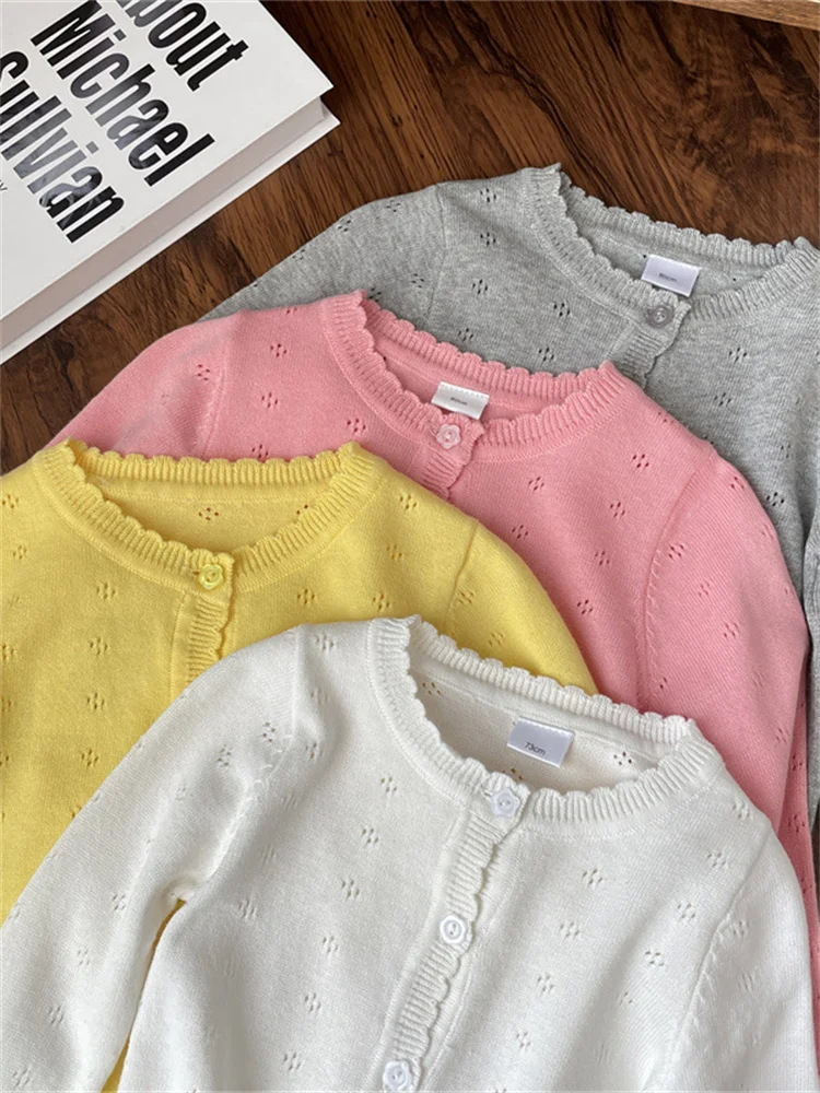 Spring Autumn Baby Girl Knitted Open Cardigan Thin Outerwear Faionable Top for Little Girls Soft Long Sve round Ne Silk