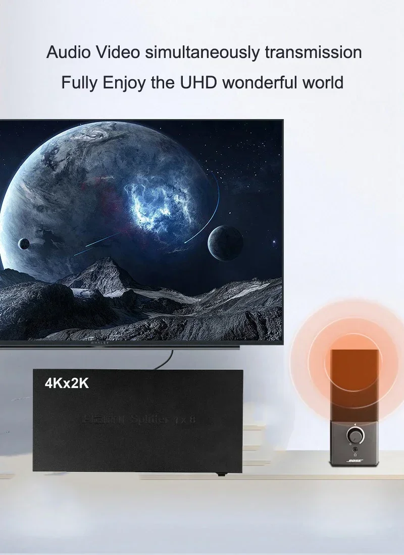 Разветвитель 4K 1x8 HDMI, 8-портовый видеоразветвитель, выход 1 в 8, 8-канальный дисплей, подходит для камер, ноутбуков, ПК, ТВ-мониторов