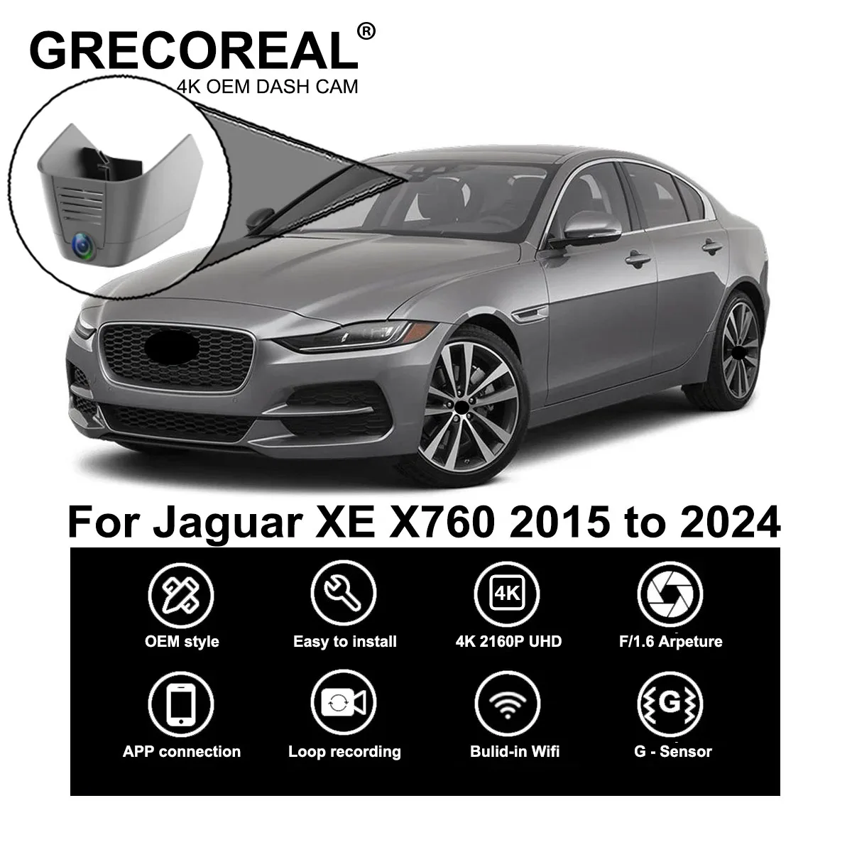 

GRECOREAL 4K Dash Cam Front and Rear 2160P WiFi Car Dual Camera Dashcam Easy Install Plug Play Compatible with Jaguar XE X760