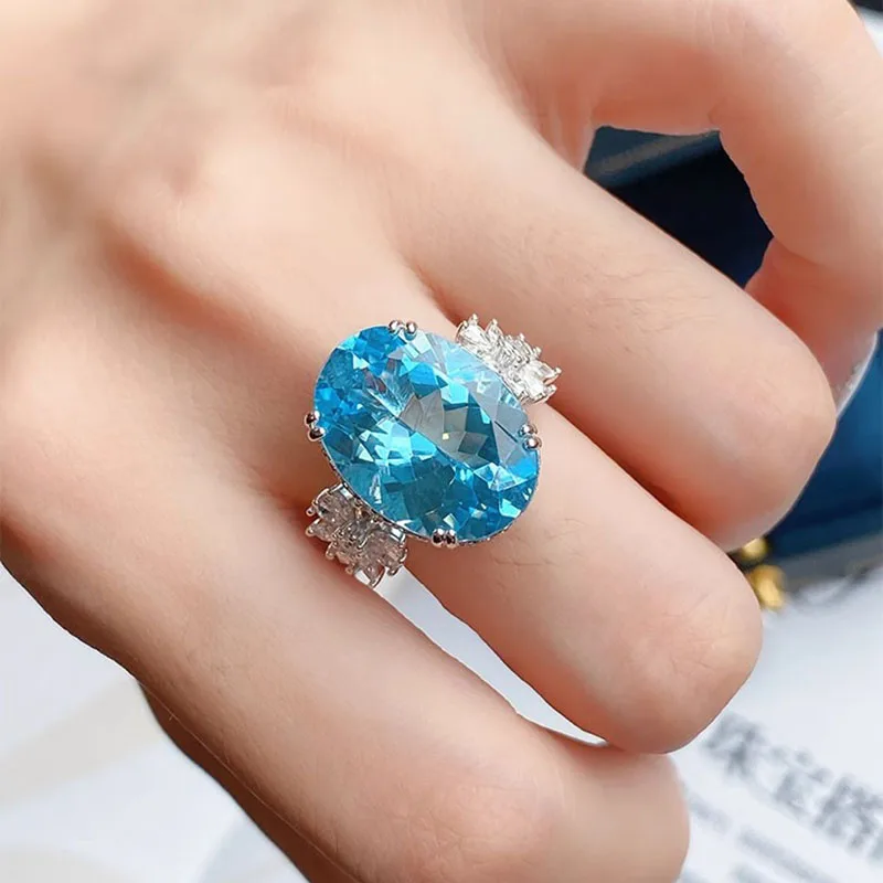 Exquisite Elegant 12 Carat Aquamarine Gemstone Engagement Rings For Women Wedding Anniversary Birthday Party Ring Gifts