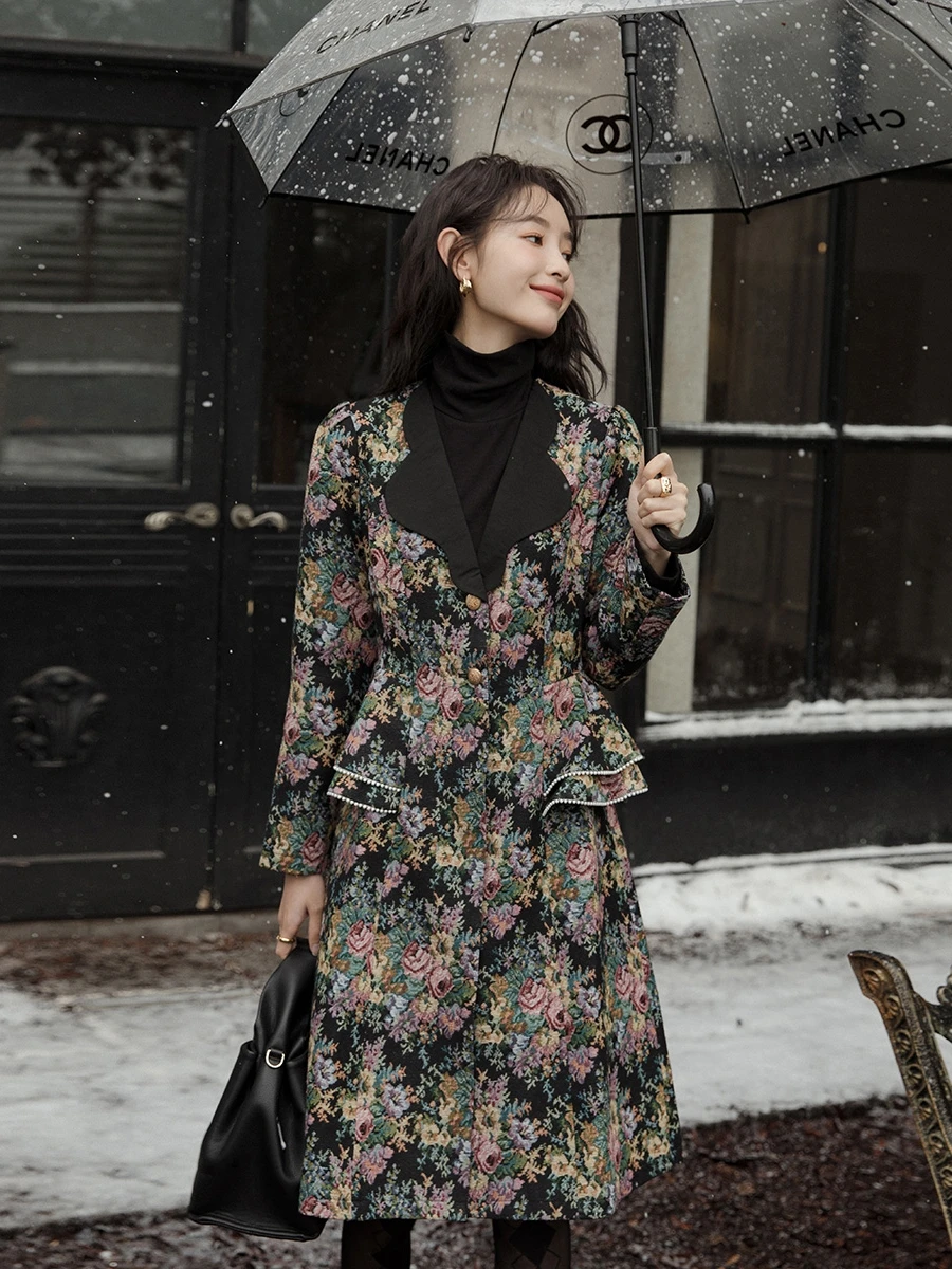 

Tweed Coat Dobby Jacquard Black Print Women Skirt Trench Coat Women Autumn Spring Long Ruffled Elegant Trench Coat