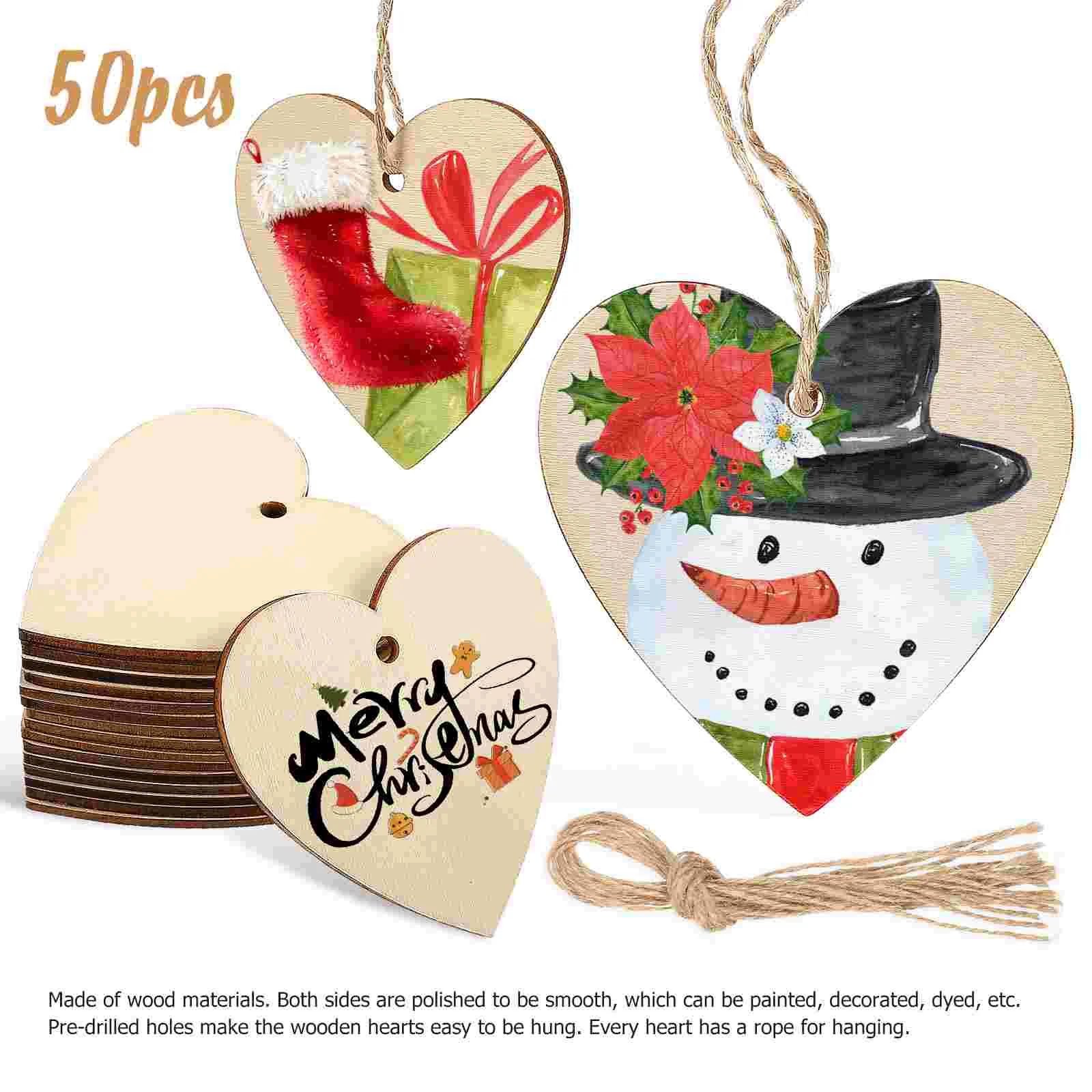 50 Pcs Wood Chips Hanging Crafts Wooden Slices Ornaments Token Heart-shaped Buttons Blanks Shapes for