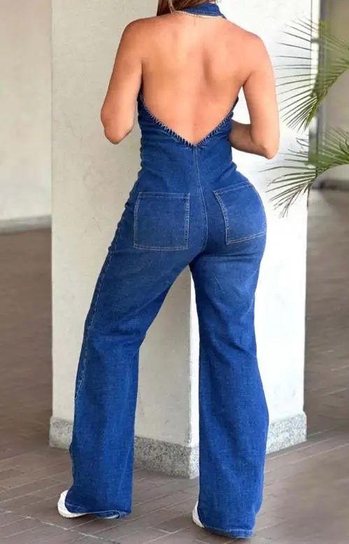 جمبسوت حريمي 2026 ربيع جديد بقصة ضيقة وياقة مقلوبة بدون أكمام عصري للشارع ريترو بدون ظهر نصف سحاب من قماش الدنيم #3