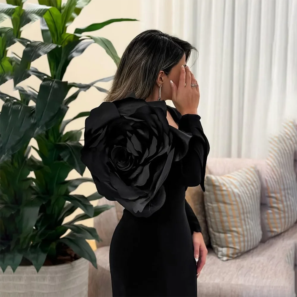 

Black Evening Dress Customized Square Neck Long Sleeves Flower Elegant Evening Gowns for Women 2025 Mermaid Formal Party Dress