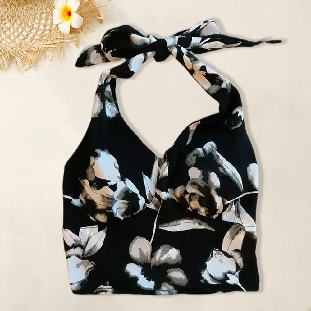 Women Printed Halter Vest Floral Print Halter Yoga Vest with Bowknot Detail Padded Beauty Back Women's Short Sport for Active