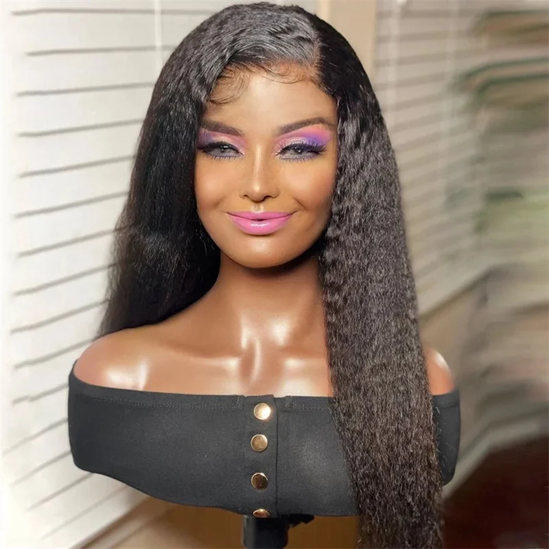 

Long Black Glueless Yaki 30Inch Kinky Straight Lace Front Wig For Women With Baby Hair Synthetic Preplucked Daily Wig