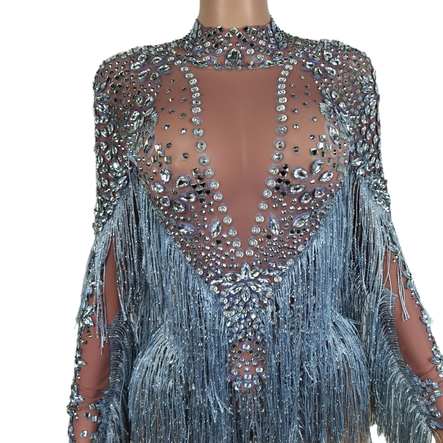 Designer See Through Tassel Sleeves Women Mesh One Piece Jumpsuits DS Dance Leotard Show Performance Costume Rhinestone Bodysuit