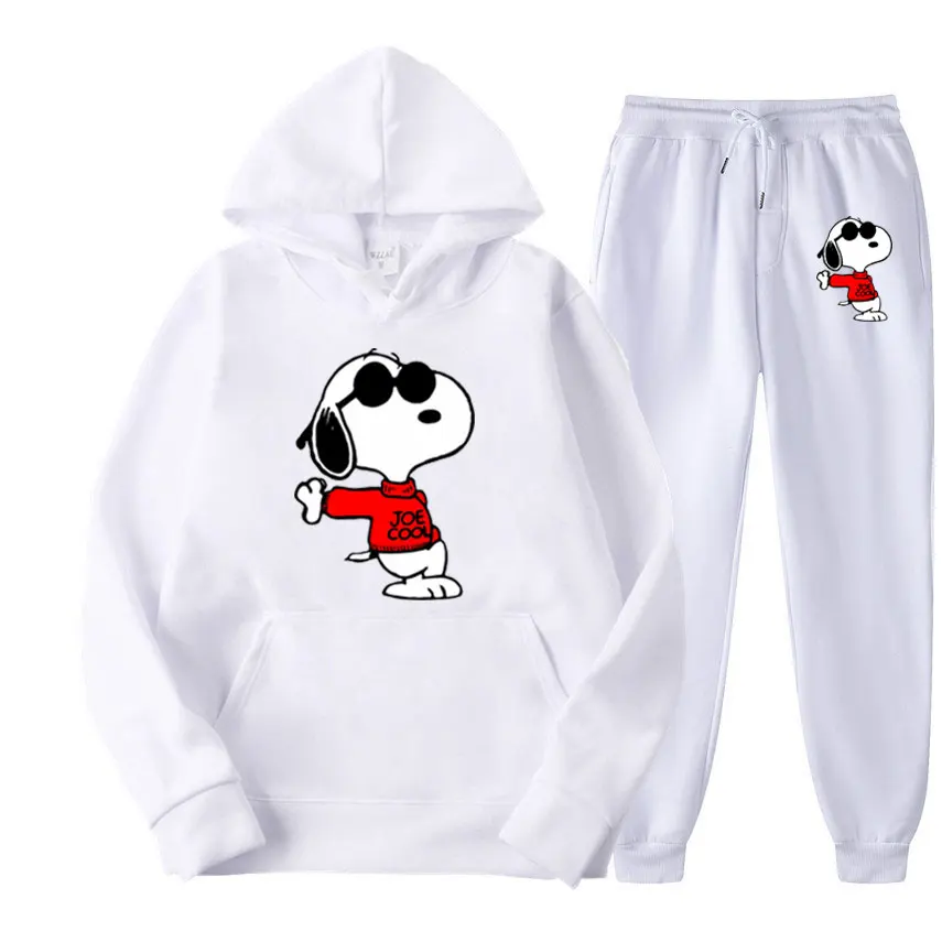 Snoopy setelan Sweatshirt wanita Anime kartun, celana Pullover pria mode baru, setelan celana Hoodie pasangan musim semi musim gugur