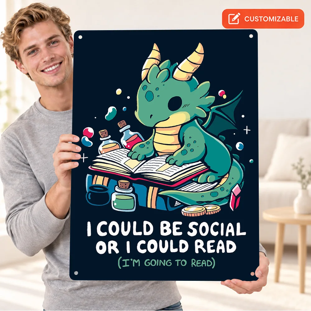 Cute Dragon Reading Books Aluminum Poster Personalized Metal Sign Vector Illustration Wall Art For Home Office Book Lover Gift