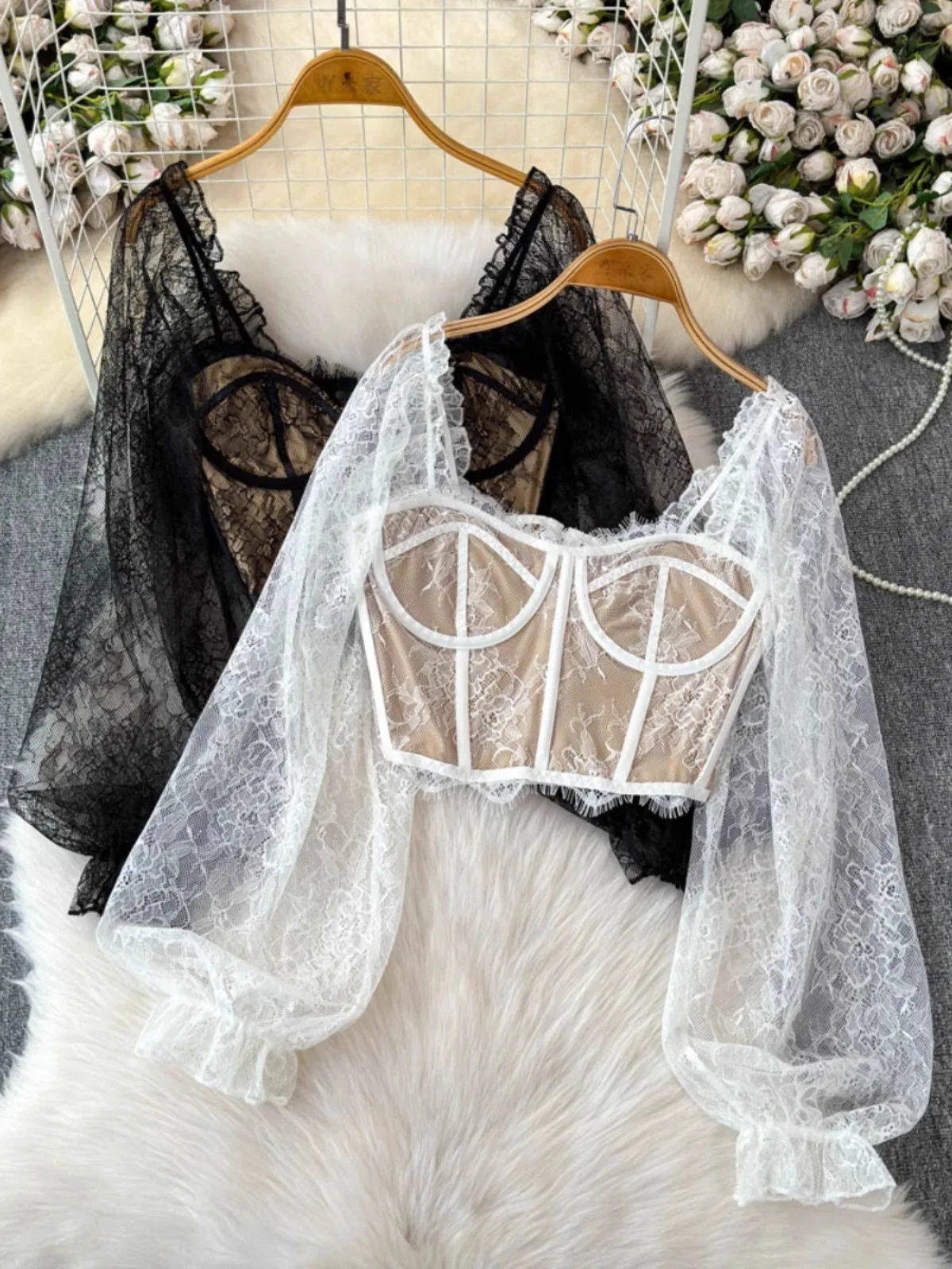 Women Lace Blouse Off Shoulder Mesh Ruched Slim Long Sleeve Pullover Sexy Short Blouser New Autumn Spring Clothing Outwear
