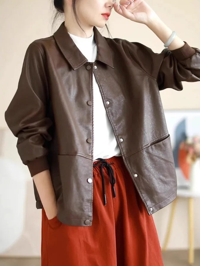 Bla Biker ort معطف Jaet المرأة فضفاضة كبيرة الحجم الراقية يشعر بولي Leather الجلود Jaet الوقوف طوق ملابس خارجية غير رسمية