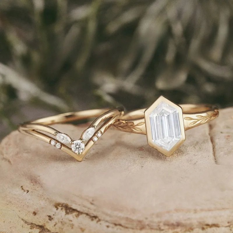 New European and American light luxury wheat ear shaped rectangular zircon inlaid women\'s two-piece ring set