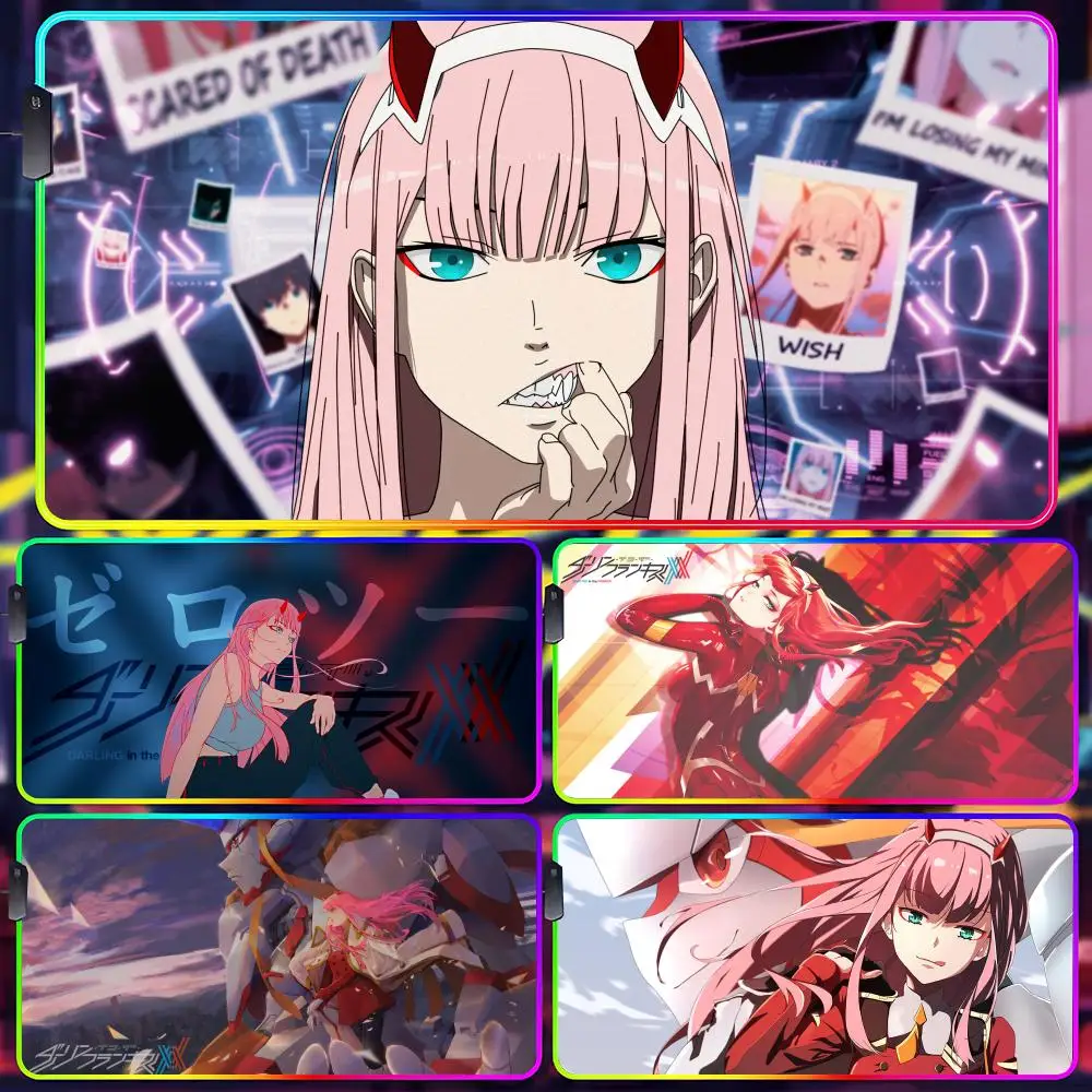 

Милый коврик для мыши Zero Two для девочек, светящийся LED RGB коврик для геймеров, настольный коврик для клавиатуры и мыши ПК