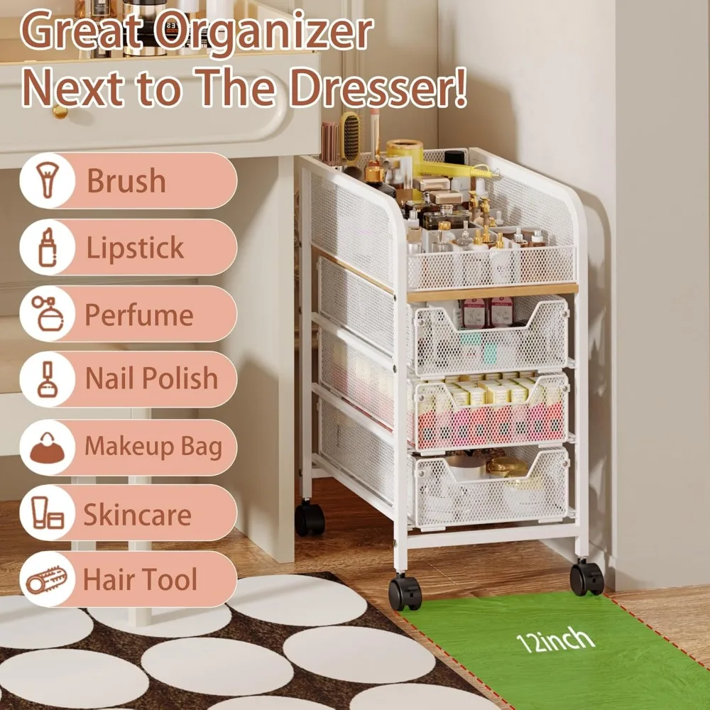 3-Drawer Rolling Makeup Cart with 4 Tiers, Slim Vanity Organizer for Cosmetics and Hair Tools in White
