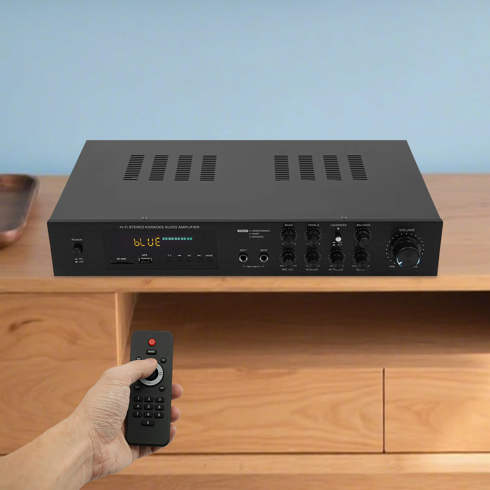 Audio-Leistungsverstärker mit 2 Mikrofon-Eingangssteckplätzen, Bluetooth, USB, Rca Aux, Musik-Player, Fernbedienungsverstärker für Zuhause, Café
