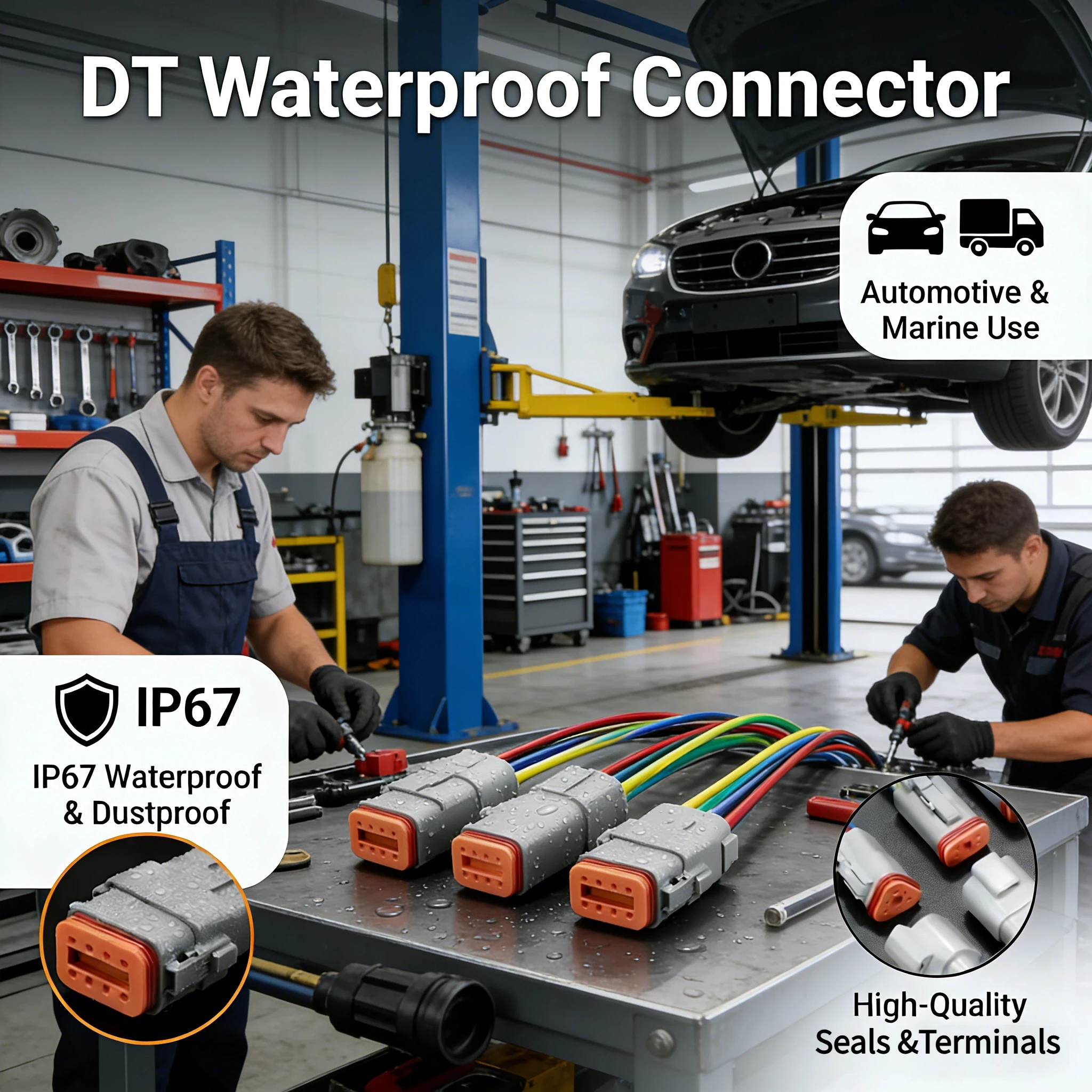 DT Series IP67 Waterproof Pre-Wired Connectors, 2/3/4/6/8/12Pin Plug&Socket with 15cm 18AWG Wire for Auto Truck Marine Wiring