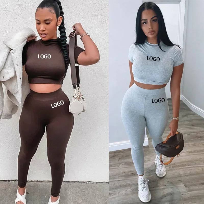 

Custom Women Clothing ladies suit Two Piece Fitted Pants and crop Set Short Sleeve Skinny Crop Top Jogger Sweatpants Set Women