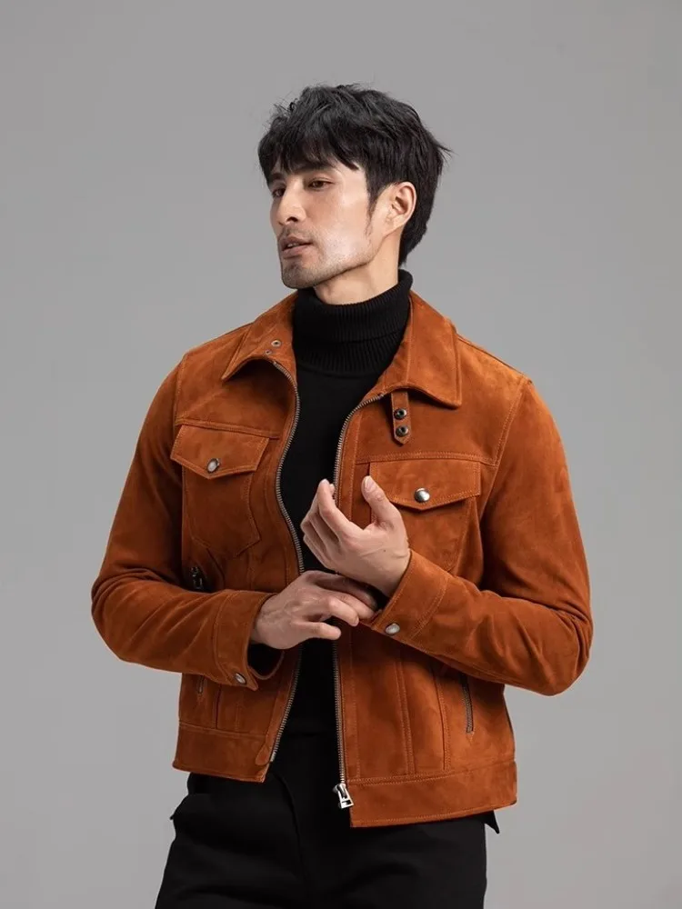 

Design Mens Vintage Lapel Genuine Leather Jacket High Quality Suede Sheepskin Cargo Short Coat Zipper Slim Fit Autumn Outerwear
