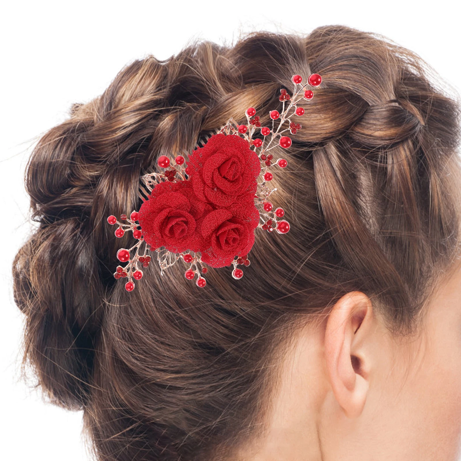 

Red Pearls Bridal Hair Comb Flower Pin Wedding Accessory Elegant Floral Jewelry Hair Accessories for Floral Headpiece