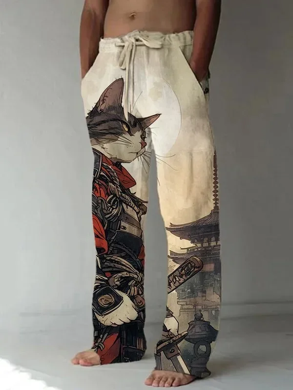 Japanische Samurai Katze druckt weites Bein Hosen Harajuku Freizeit hose Hipster Sommer hose Streetwear Sweapants Männer Frauen Kleidung – Detail 2